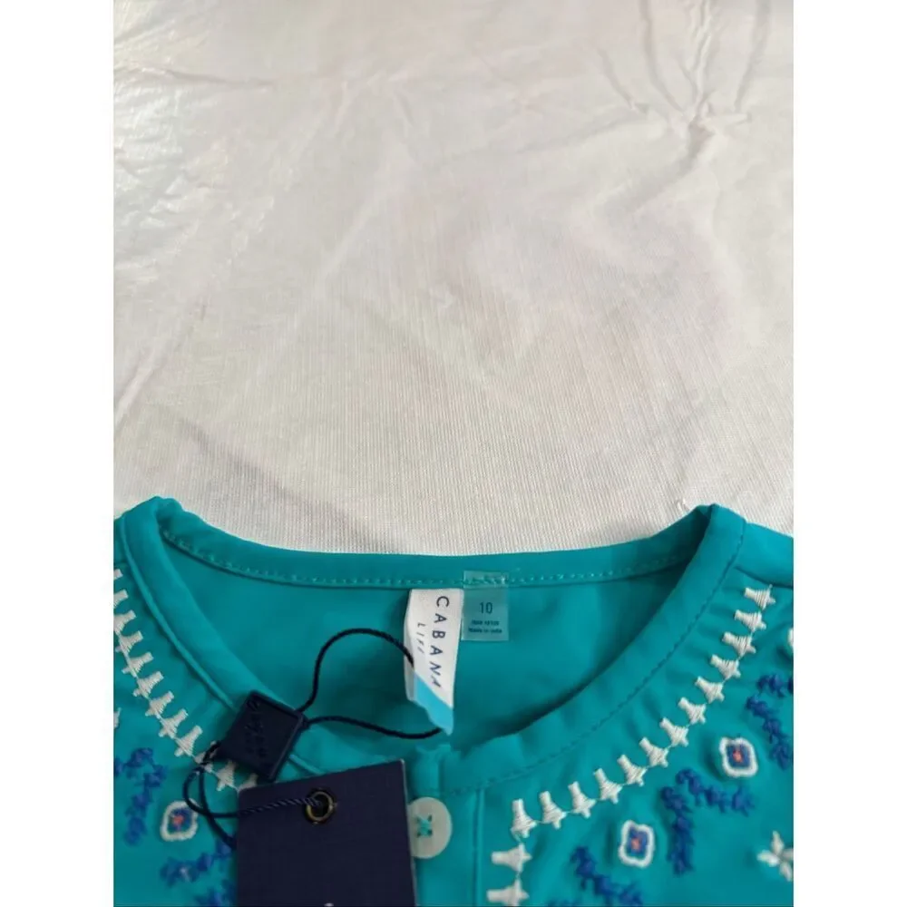 NWT Cabana Life Girls Aqua Blue UPF Rash Guard Top Size 10 New